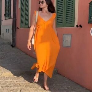 Magaschoni 100% Organic Cotton Flutter Sleeve Orange Summer Dress